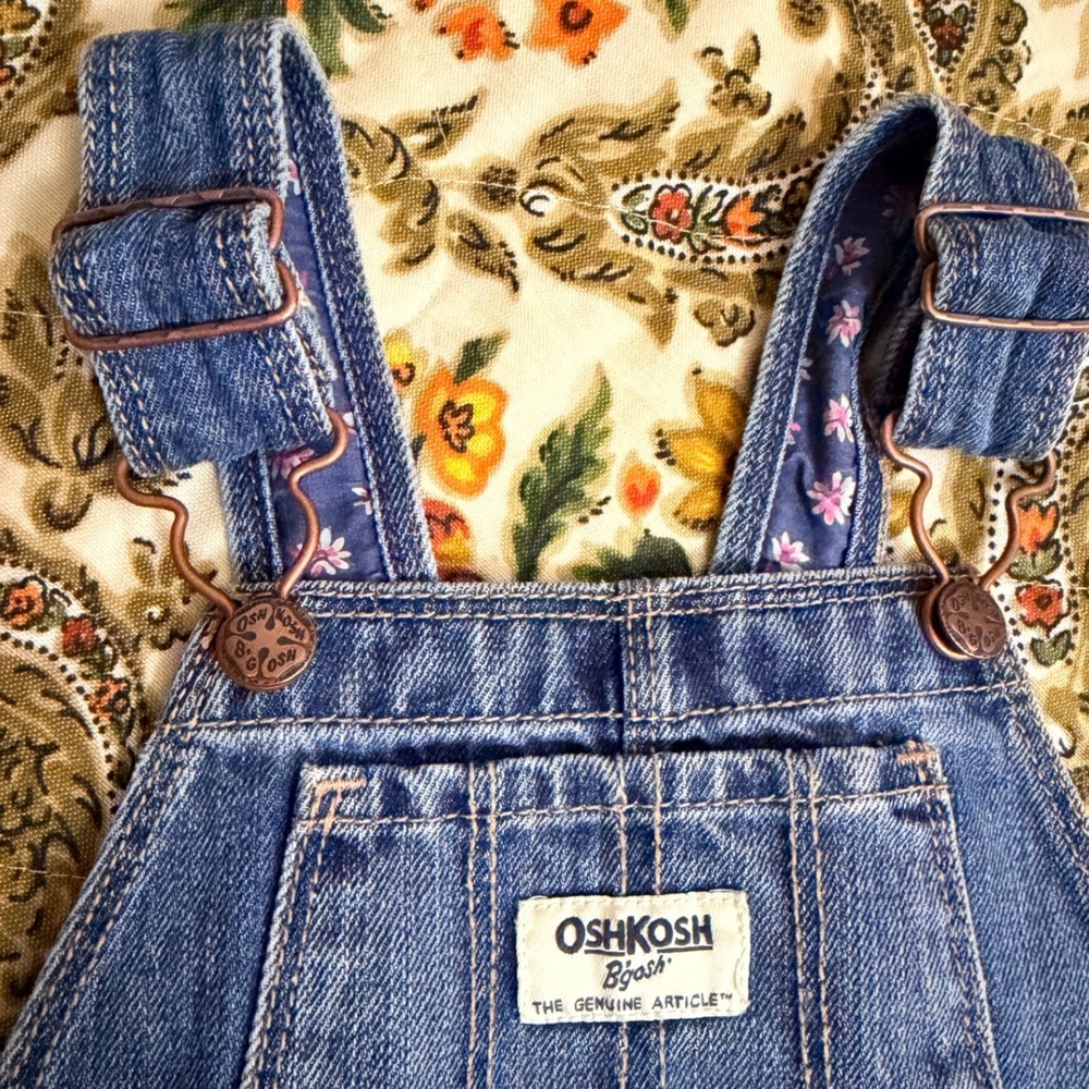 OshKosh Bgosh Denim Overalls Baby Toddler Blue Floral Trim Size 24 Months - Picture 2 of 10